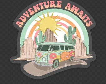Retro Adventure Awaits Sticker Hippie Van Decal
