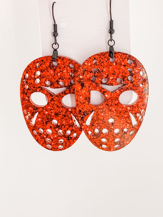 JASON MASK Halloween earrings RED resin glitter Voorhees Friday the 13th horror movie can personalize glitter color