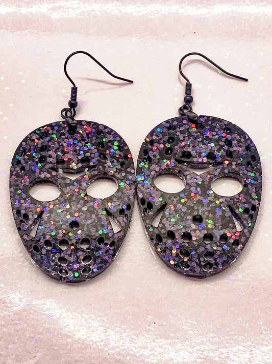 JASON MASK Halloween earrings BLACK resin glitter Voorhees Friday the 13th horror movie can personalize glitter color