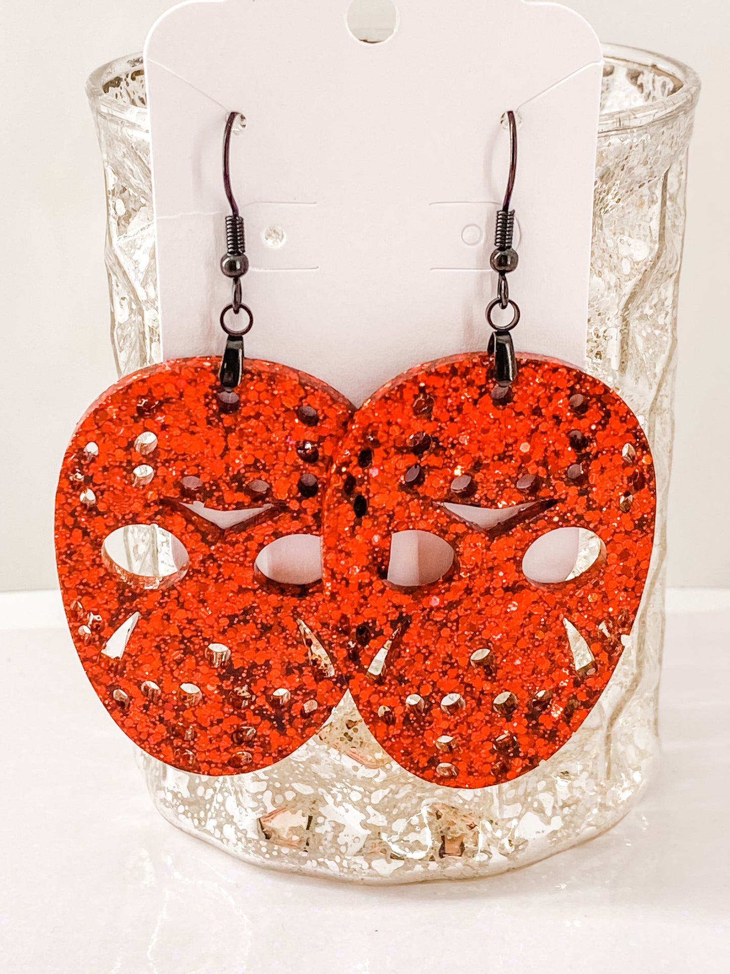 JASON MASK Halloween earrings RED resin glitter Voorhees Friday the 13th horror movie can personalize glitter color