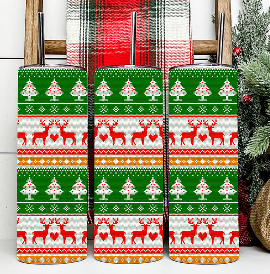 Retro Christmas Sweater Holiday Deer Party Tumbler 20 oz Hot and Cold Drinks Double Insulated