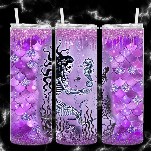 Skeleton Mermaid Halloween Tumbler Glitter PURPLE Horror Cup