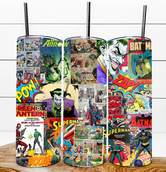 Super Hero and Villain Retro Comic Book Inspired Tumbler 20 oz Hot and Cold Drinks Double Insulated