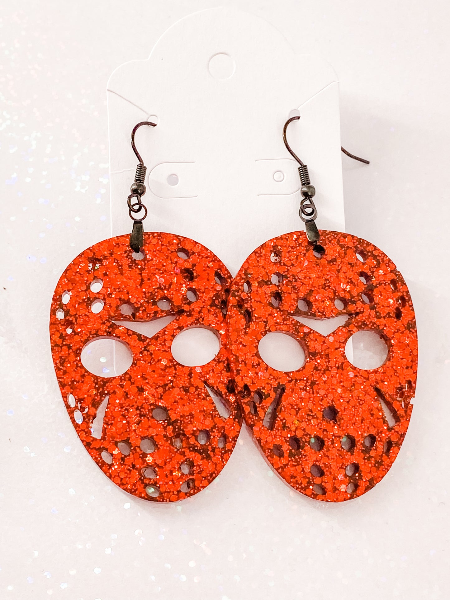 JASON MASK Halloween earrings RED resin glitter Voorhees Friday the 13th horror movie can personalize glitter color