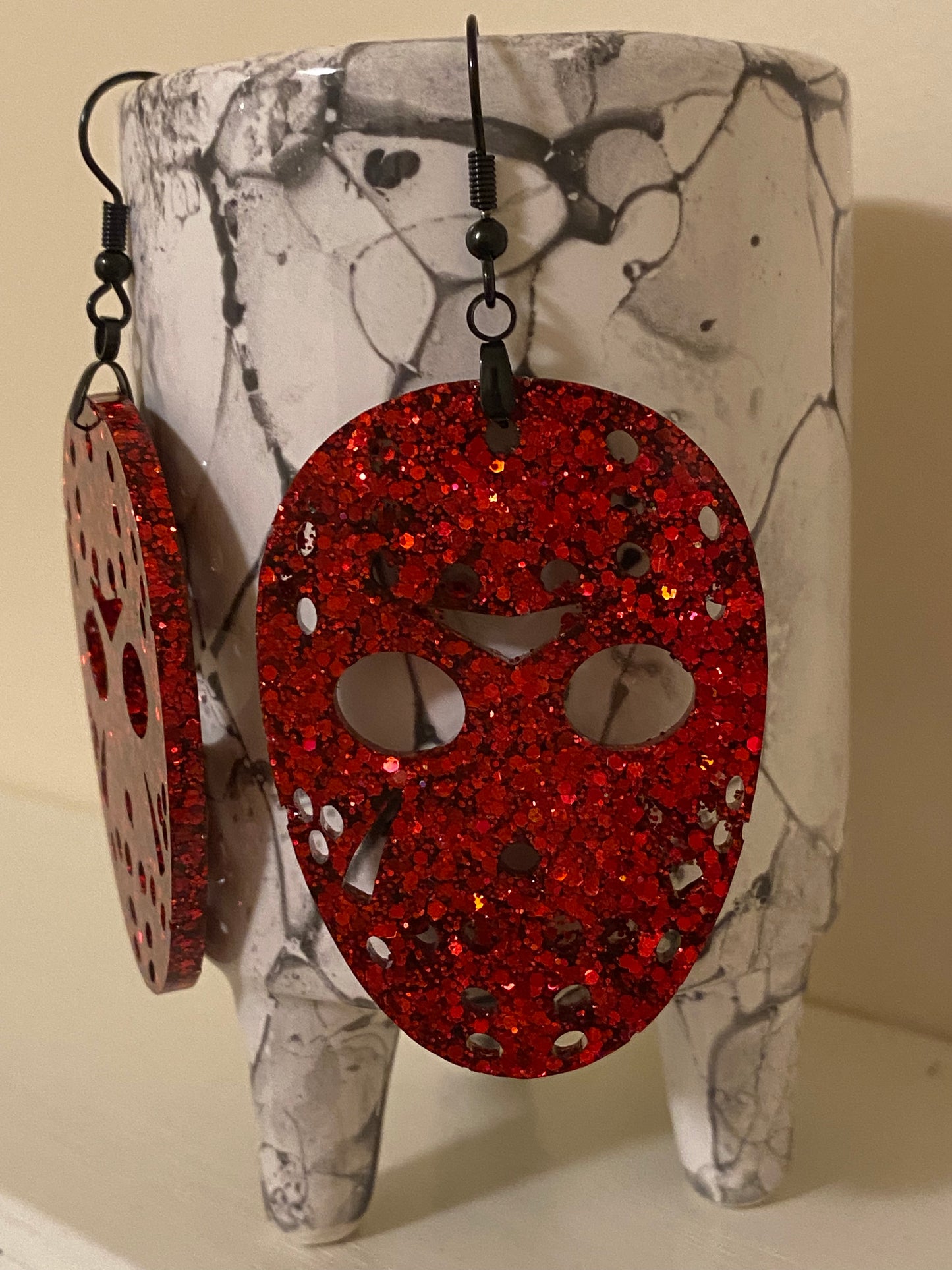 JASON MASK Halloween earrings RED resin glitter Voorhees Friday the 13th horror movie can personalize glitter color