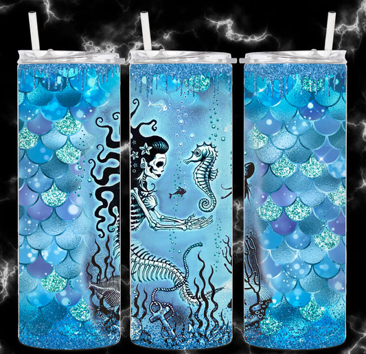 Skeleton Mermaid Halloween Tumbler BLUE Horror Cup