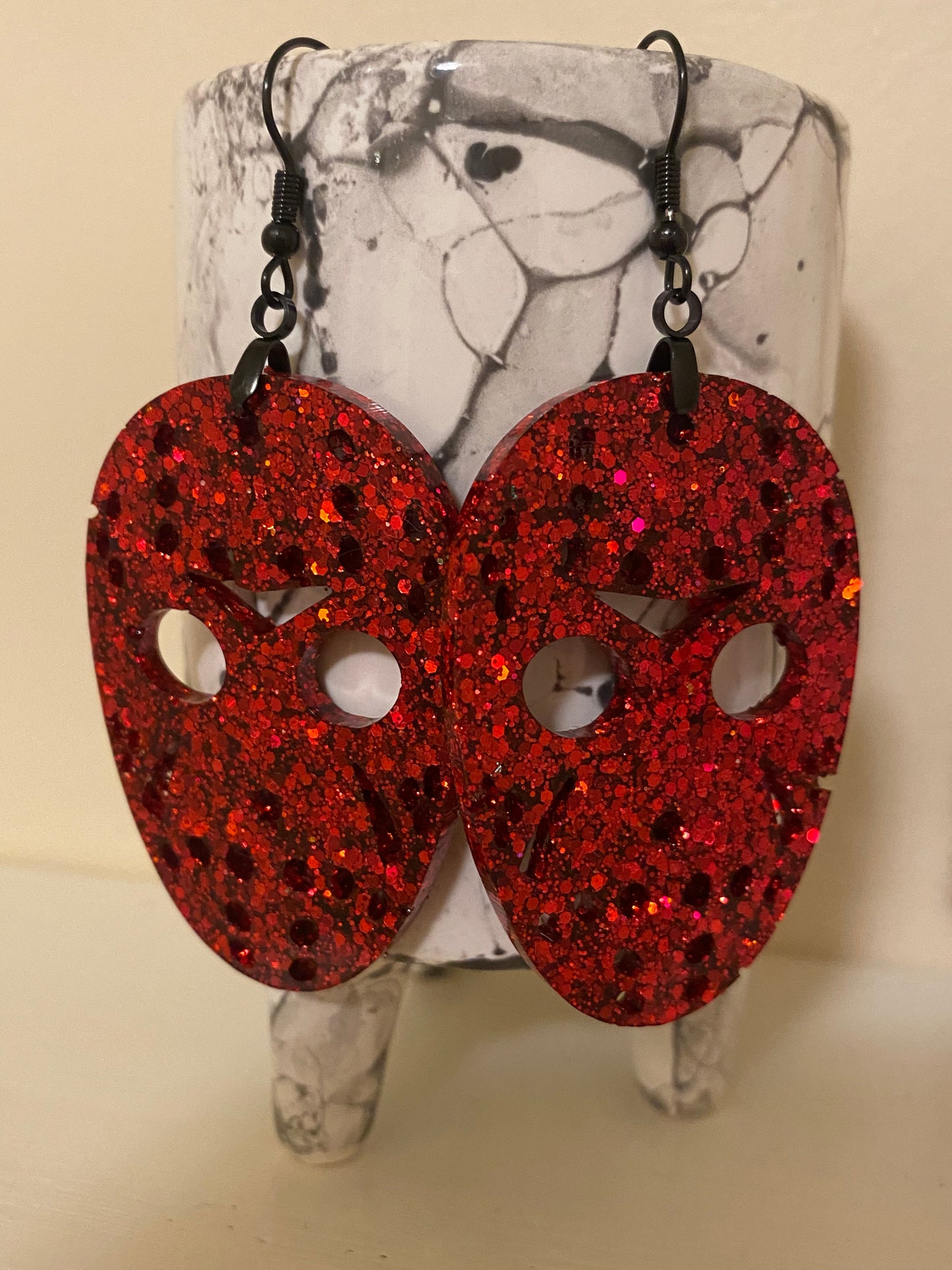 JASON MASK Halloween earrings RED resin glitter Voorhees Friday the 13th horror movie can personalize glitter color