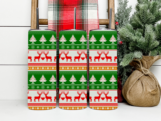 Retro Christmas Sweater Holiday Deer Party Tumbler 20 oz Hot and Cold Drinks Double Insulated