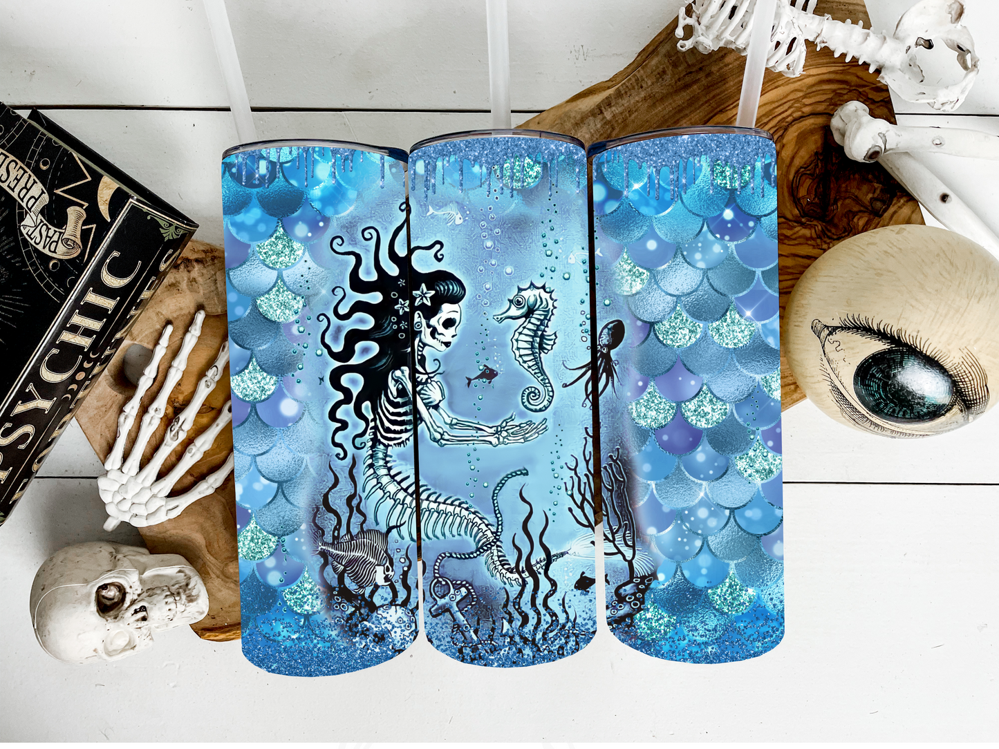 Skeleton Mermaid Halloween Tumbler BLUE Horror Cup