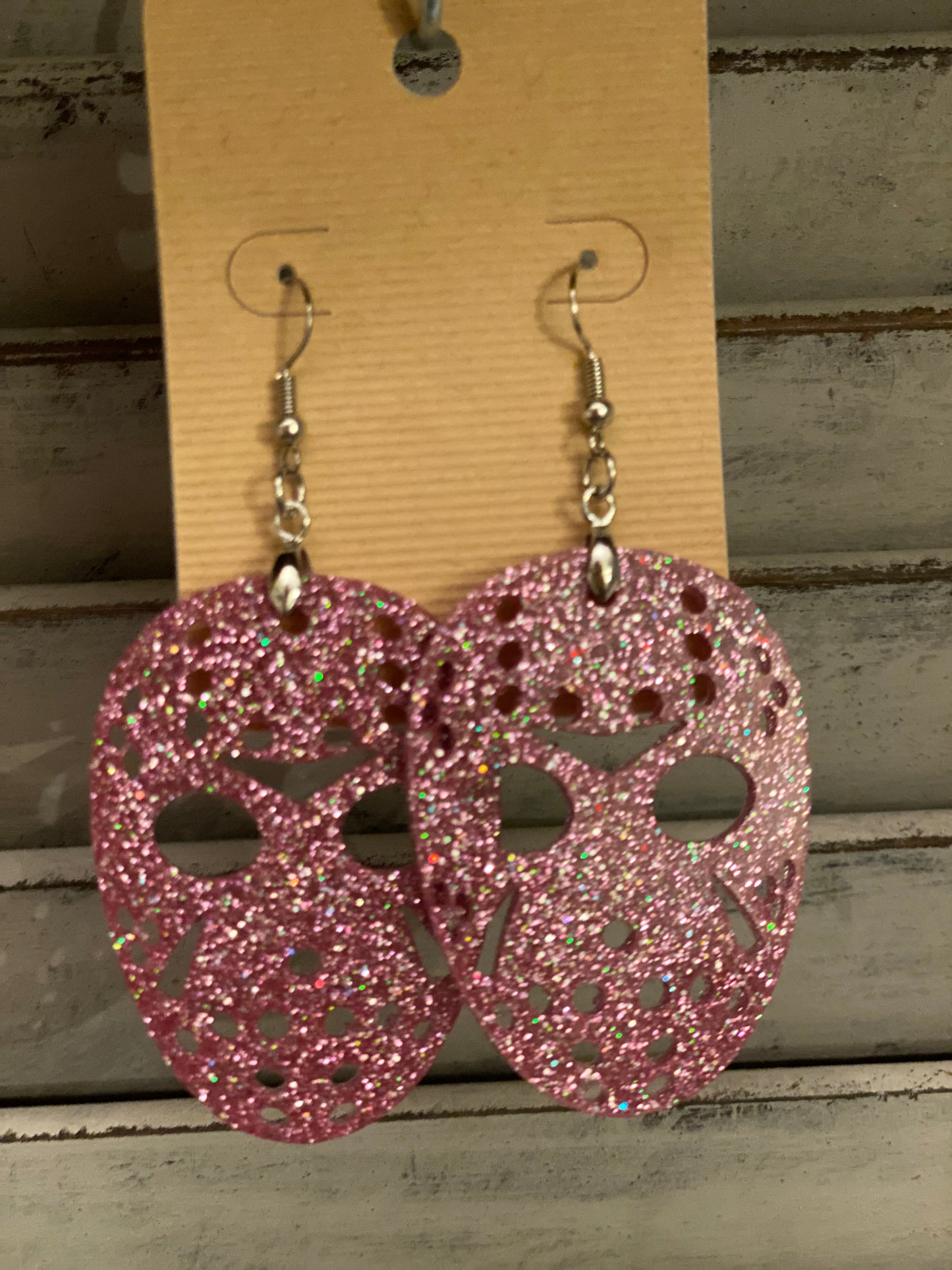 JASON MASK Halloween earrings RED resin glitter Voorhees Friday the 13th horror movie can personalize glitter color