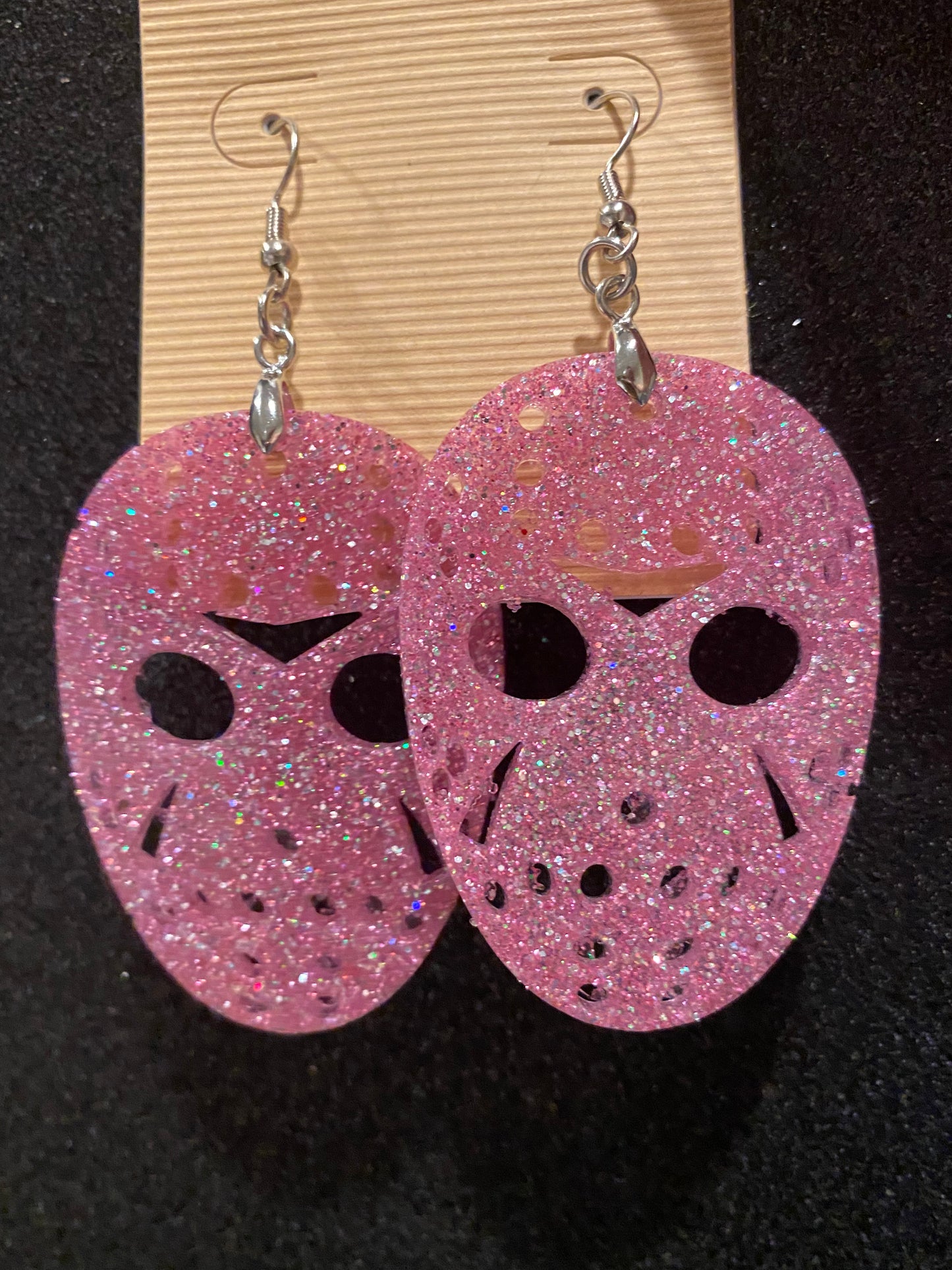 JASON MASK Halloween earrings RED resin glitter Voorhees Friday the 13th horror movie can personalize glitter color