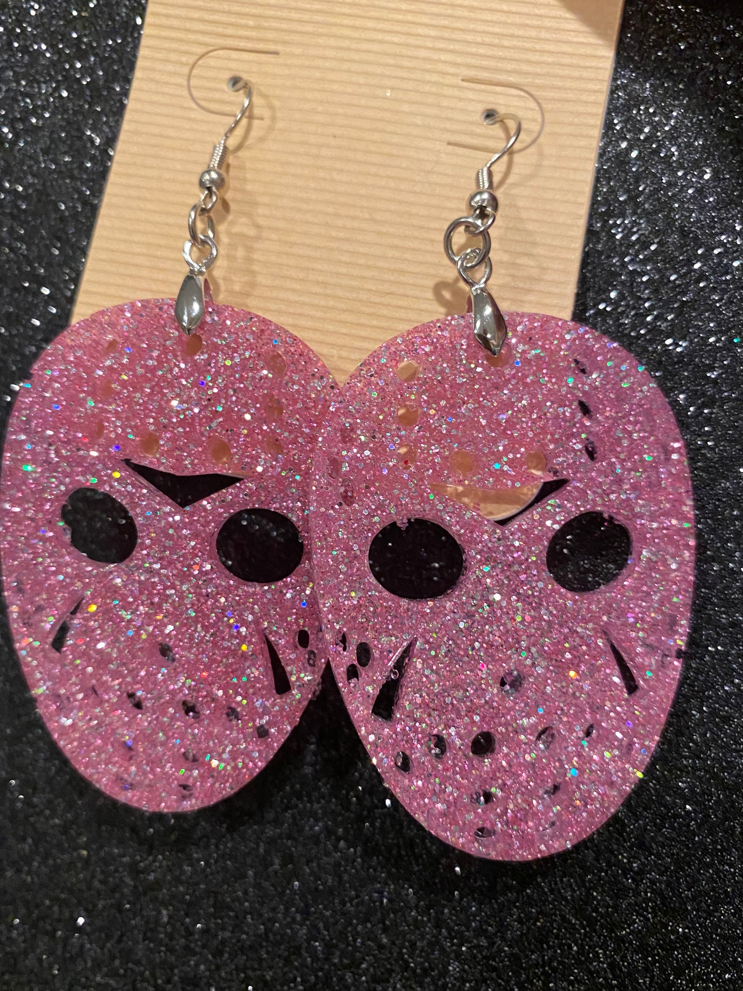 JASON MASK Halloween earrings RED resin glitter Voorhees Friday the 13th horror movie can personalize glitter color