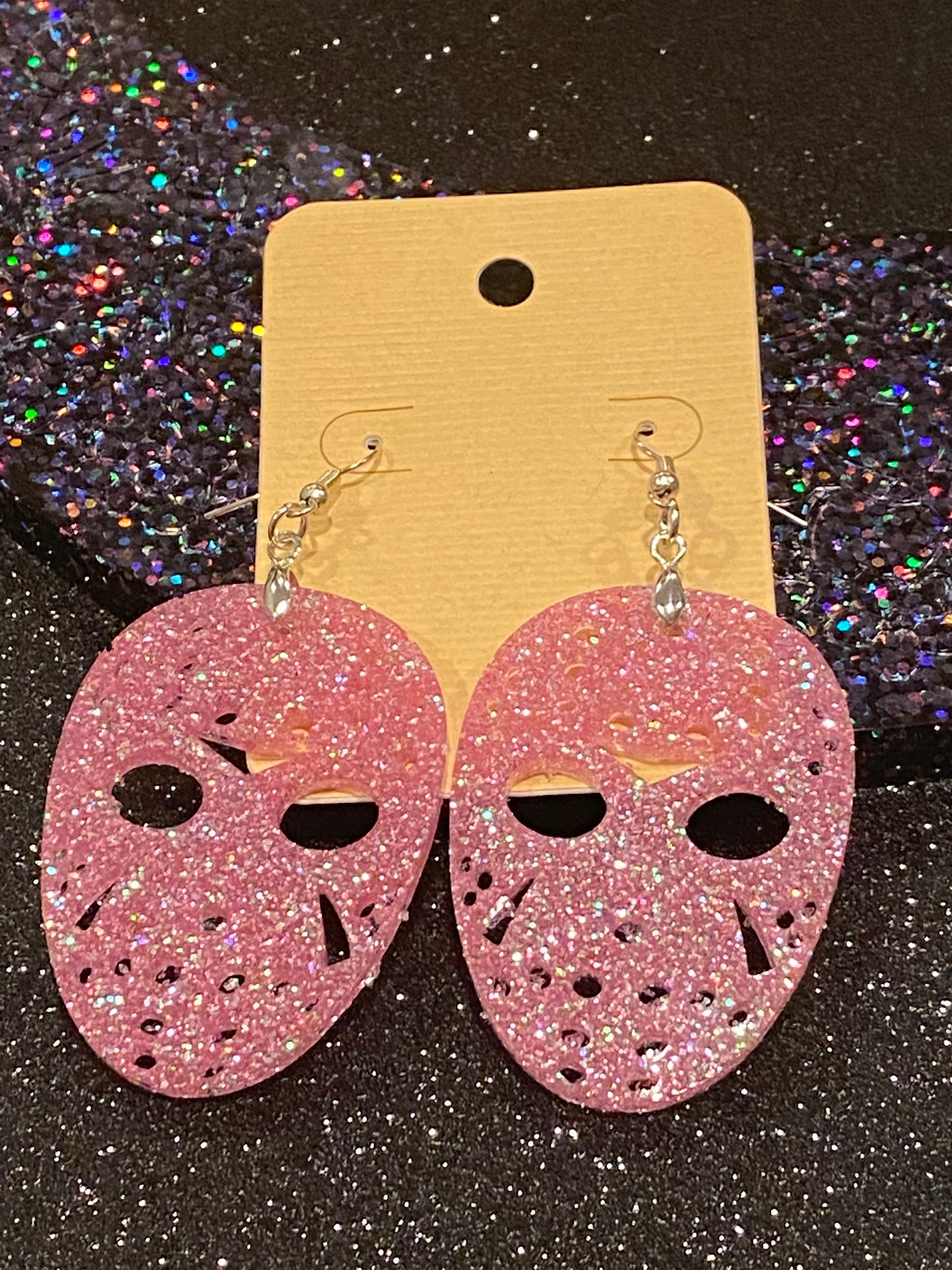 JASON MASK Halloween earrings RED resin glitter Voorhees Friday the 13th horror movie can personalize glitter color